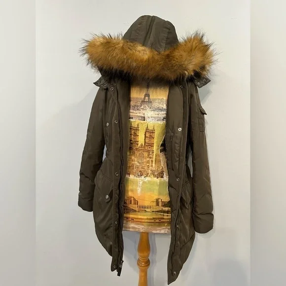 Andrew Marc New York Full Zip Faux Fur Down Feather Hooded Olive Puffer Coat - Picture 4 of 9